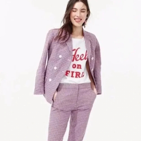 J. Crew Double Breasted Blazer Red White Blue Gingham Career Office Size 2 - Picture 2 of 7